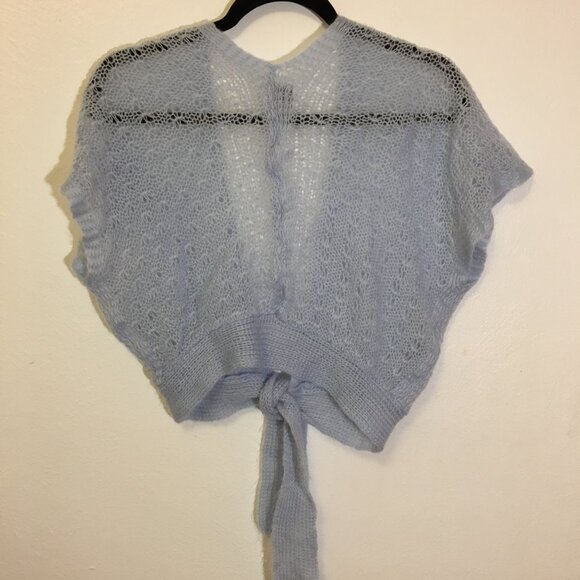 Vintage 50s 60s Wispy Blue Pastel Cropped Tie Front Sweater Dainty Cardigan (IB) - Picture 7 of 9